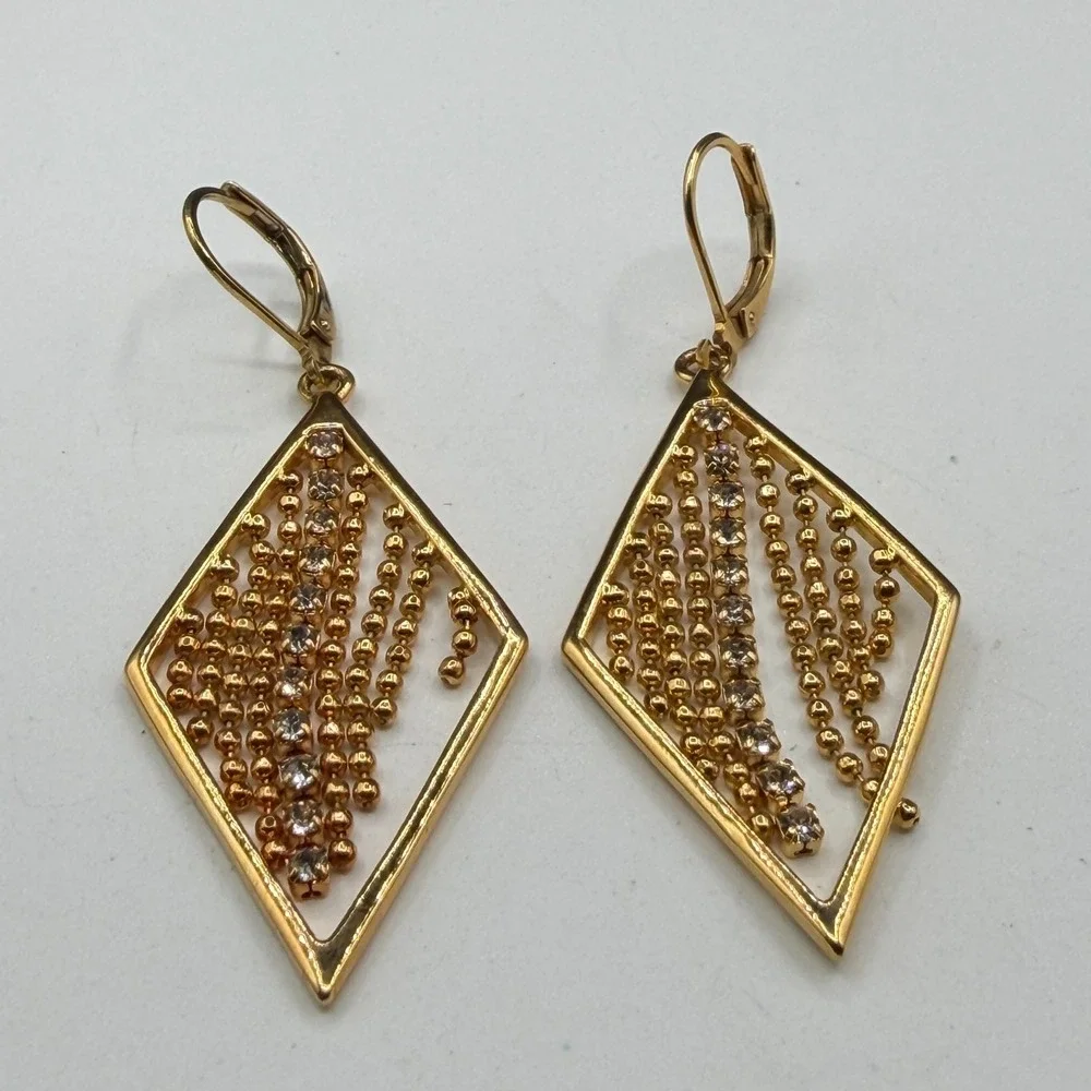 Gold Tone Rhinestone Diamond Shape Dangle Earrings Beaded Fringe Statement Party